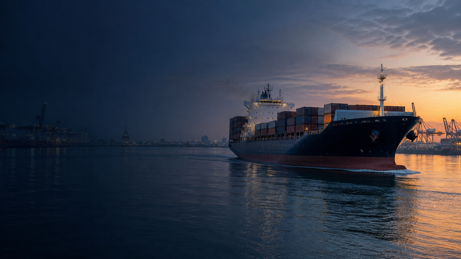 Container ship moving through open water
